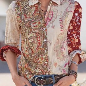 Shirt Collar Long Sleeve Cashew Flowers Regular Loose Shirt For Women, Shirts, color:Multicolor|size:XXL, catalog Noracora shop