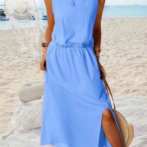 Sleeveless Holiday Solid Round Neck Long Weaving Dress, Maxi, color:Blue|size:XS, catalog Noracora shop