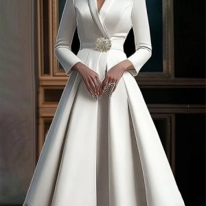 Elegant Shawl Collar Satin Formal Dress, Midi Dresses, color:Off White|size:XXL, Stylewe