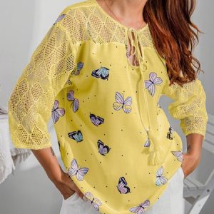 Short Sleeve Floral Cotton-Blend Tops, Tops, color:Yellow|size:3XL, catalog Noracora shop