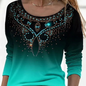Western Gradient Print Round Neck Long Sleeve T-Shirt, Long sleeves, Lilicloth.com