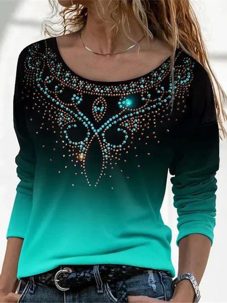 Western Gradient Print Round Neck Long Sleeve T-Shirt, Long sleeves, Lilicloth.com