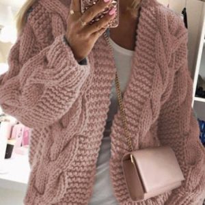 Women Yarn/Wool Yarn Plain Long Sleeve Comfy Casual Cardigan, Cardigans, color:Dusty Pink|size:4XL, catalog Noracora shop