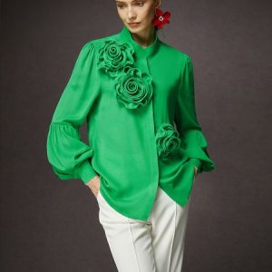 Elegant 3D Floral Embellishment Shirt, Blouses and Shirts, color:Green|size:XXL, Stylewe