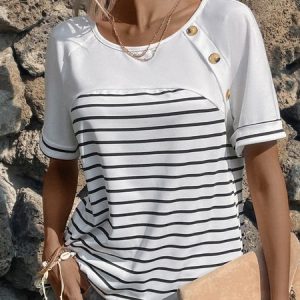 Buckle Jersey Casual Crew Neck Shirt, T-shirts, color:Black-white|size:XXL, catalog Noracora shop
