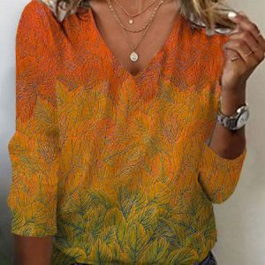Leaf Print Long Sleeve V-Neck T-shirt, Long sleeves, Lilicloth.com
