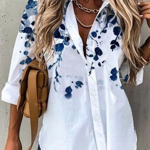 Long Sleeve Floral Printed Shirt Collar Casual Tunic Shirt, Shirts, color:White|size:3XL, catalog Noracora shop