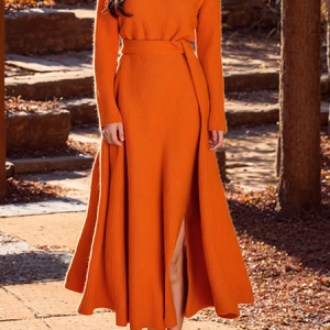 High Elasticity Plain Regular Fit Elegant Crew Neck Regular Sleeve Sweater Maxi Dress With Belt, Maxi Dresses, color:Orange|size:XXL, Stylewe