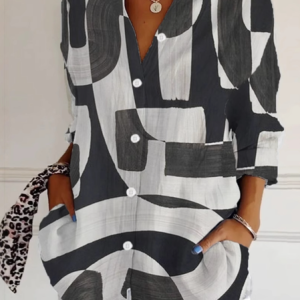 Shirt Collar Long Sleeve Abstract Regular Loose Shirt For Women, Shirts, color:Black|size:5XL, catalog Noracora shop