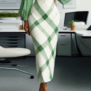 Elegant Printing Plaid Midi Skirt, Skirts, color:Green|size:XXL, Stylewe