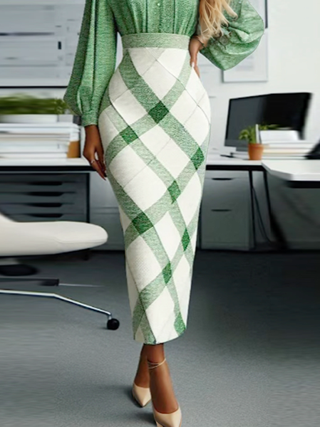 Elegant Printing Plaid Midi Skirt, Skirts, color:Green|size:XXL, Stylewe