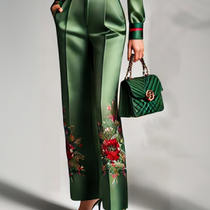 Urban Satin Floral Straight Pants, Pants, color:As Picture|size:XXL, Stylewe
