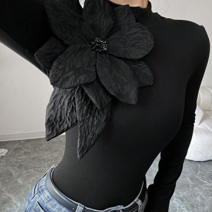 Urban Plain 3D Floral Stand Collar T-shirt, Tees, color:Black|size:XXL, Stylewe