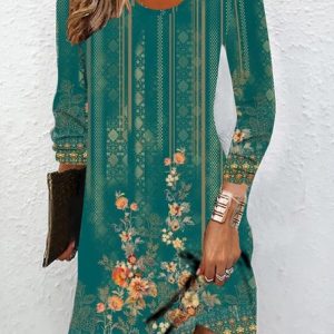 Women Ethnic Crew Neck Long Sleeve Comfy Casual Mini Dress, Dresses, color:Green|size:XXL, catalog Noracora shop