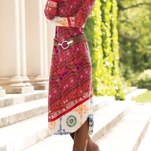 Women Color Block Crew Neck Long Sleeve Comfy Vintage Midi Dress, Dresses, color:Red|size:XXL, catalog Noracora shop