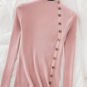 Women Yarn/Wool Yarn Plain Long Sleeve Comfy Casual Buckle Sweater, Sweaters, color:Pink|size:XXL, catalog Noracora shop
