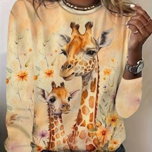 Casual Cute Deers Crew Neck Long Sleeve T-shirt, T-shirts, color:Yellow|size:4XL, catalog Noracora shop
