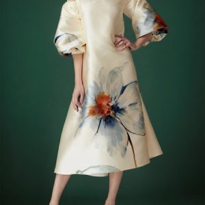 Loose Elegant Floral Crew Neck Midi Dress With No Belt, Midi Dresses, color:As Picture|size:XS, Stylewe
