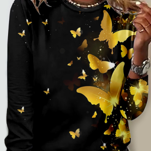 Casual Butterfly Crew Neck Long Sleeve T-shirt, T-shirts, color:Black|size:L, catalog Noracora shop