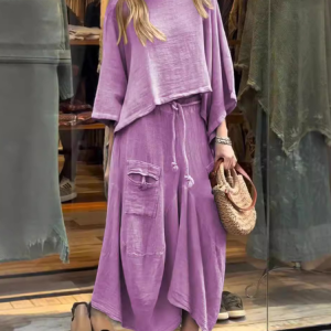 Women Plain V Neck Three Quarter Sleeve Comfy Casual Top With Pants Two-Piece Set, Sets, color:Purple|size:5XL, catalog Noracora shop
