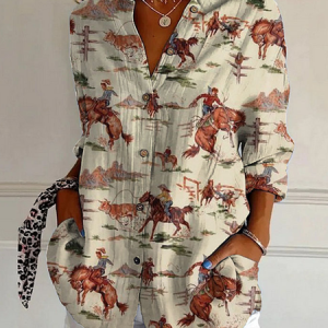 Shirt Collar Long Sleeve Ethnic Regular Loose Shirt For Women, Shirts, color:Khaki|size:4XL, catalog Noracora shop