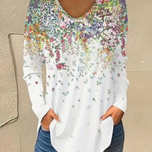 V Neck Long Sleeve Floral Regular Medium Elasticity Loose Blouse For Women, Blouses, color:White|size:XXL, catalog Noracora shop