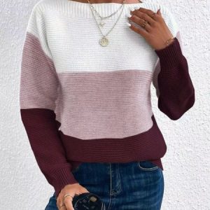 Women Yarn/Wool Yarn Color Block Long Sleeve Comfy Casual Sweater, Sweaters, color:Red|size:3XL, catalog Noracora shop