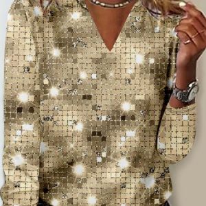 Casual 3D Sequins Pattern V Neck Long Sleeve T-shirt, T-shirts, color:Silver|size:M, catalog Noracora shop
