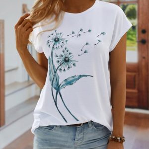Casual Dandelion Short Sleeve Round Neck Printed Top T-Shirt, T-shirts, color:White|size:XXL, catalog Noracora shop