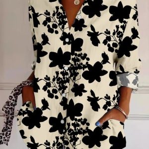 Shirt Collar Long Sleeve Floral Buttoned Regular Loose TUNIC Shirt For Women, Shirts, color:Apricot|size:4XL, catalog Noracora shop