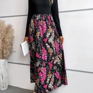 Women Floral Crew Neck Long Sleeve Comfy Casual Maxi Dress, Dresses, color:Black|size:XXL, catalog Noracora shop
