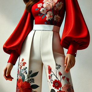 Urban Floral Printing Crew Neck Balloon Sleeve Blouse, Blouses and Shirts, color:Red|size:XXL, Stylewe