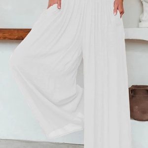 Casual Stretch Wide Leg High Waisted Palazzo Flare Pants with Pockets Loose Summer Beach Pants, Pants, color:White|size:XL, catalog Noracora shop