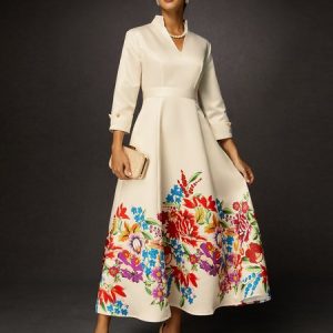 Elegant Floral V Neck Pockets Satin Maxi Dress, Midi Dresses, color:Apricot|size:XXL, Stylewe