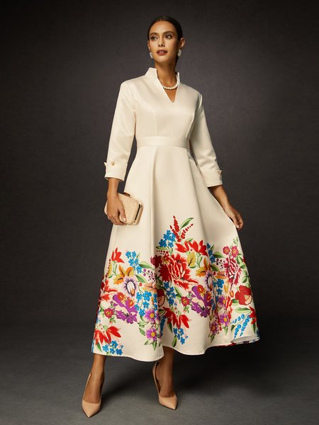 Elegant Floral V Neck Pockets Satin Maxi Dress, Midi Dresses, color:Apricot|size:XXL, Stylewe