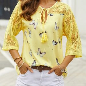 Loosen Butterfly V Neck Short Sleeve Top, Blouses, color:Yellow|size:3XL, catalog Noracora shop