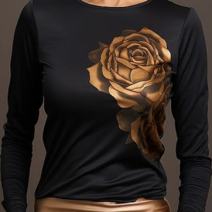Plus Size Tight Medium Elasticity Crew Neck Long Sleeve Floral Urban Regular Sleeve T-Shirt, Plus Tops, color:Black|size:4X, Stylewe