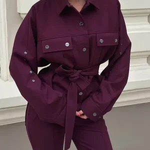 Casual Pockets Plain Shawl Collar Jacket With Belt, Jackets, color:As Picture|size:XXL, Stylewe