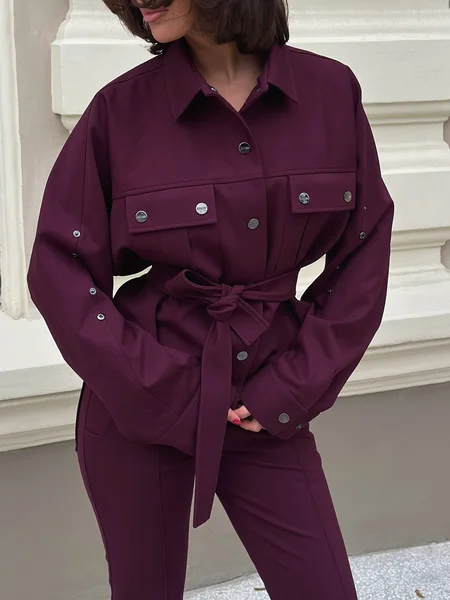 Casual Pockets Plain Shawl Collar Jacket With Belt, Jackets, color:As Picture|size:XXL, Stylewe