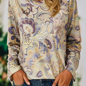 Paisley Printed Long Sleeve Casual T-Shirt, T-shirts, color:Khaki|size:3XL, catalog Noracora shop