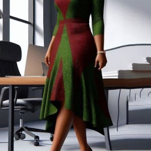 Elegant V Neck Color Block Dress, Midi Dresses, color:As Picture|size:XXL, Stylewe