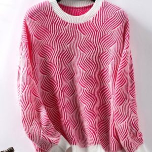 Women Yarn/Wool Yarn Geometric Long Sleeve Comfy Casual Sweater, Sweaters, color:Rose Red|size:XL, catalog Noracora shop