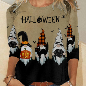 Casual Halloween Crew Neck Long Sleeve T-shirt, T-shirts, color:Khaki|size:4XL, catalog Noracora shop