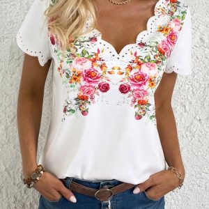 Casual Floral Jersey Lace Collar Shirt, Blouses, color:White|size:XXL, catalog Noracora shop