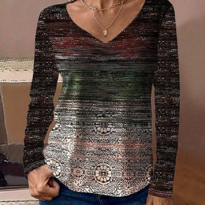 Casual Ethnic V Neck Long Sleeve T-shirt, Blouses, color:Coffee|size:XXL, catalog Noracora shop