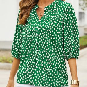 Floral Polyester Fibre Casual Blouse, Shirts, color:Green|size:5XL, catalog Noracora shop