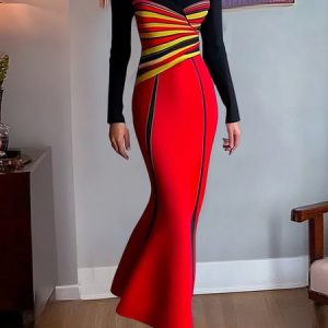 Urban Split Joint Color Block Dress, Maxi Dresses, color:Red|size:XXL, Stylewe