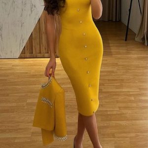 Elegant Buckle Bodycon Dress, Midi Dresses, color:Yellow|size:XXL, Stylewe