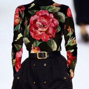 Elegant Floral Turtleneck Tight T-Shirt, Tees, color:Reddish Black|size:XXL, Stylewe