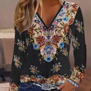 Casual Floral V Neck Long Sleeve T-shirt, T-shirts, color:Black|size:XXL, catalog Noracora shop